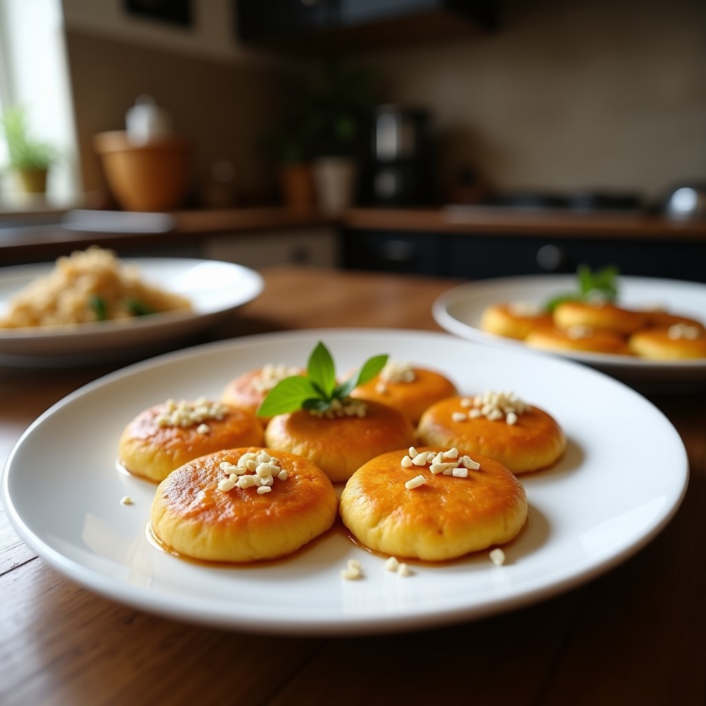 Pila de tortitas doradas de calabaza y semillas de cáñamo, bañadas en sirope de arce, decoradas con nueces pecanas y semillas de cáñamo espolvoreadas, servidas en plato blanco sobre fondo rústico de madera.