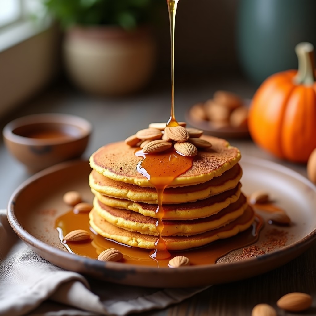 Pila de tortitas doradas de calabaza y canela con almendras fileteadas, apiladas sobre un plato de madera rústica con sirope de arce y una pizca de canela espolvoreada, fondo borroso de cocina.