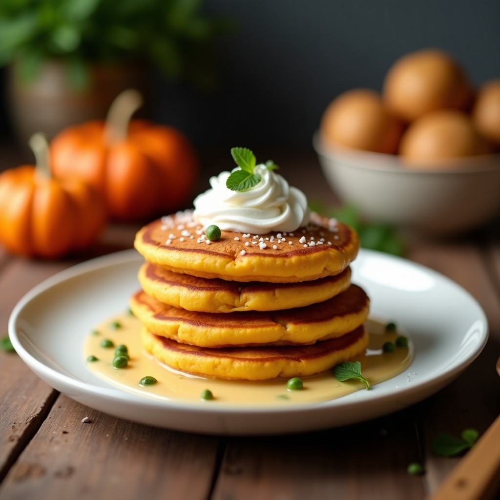 Tortitas doradas y esponjosas de calabaza y coco en plato blanco, con topping de yogur griego y miel, receta airfryer sin harina.
