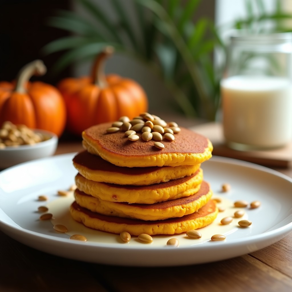 Plato blanco con tortitas doradas de calabaza y cúrcuma, apiladas con topping de semillas de calabaza tostadas. Desayuno keto y antiinflamatorio servido con un fondo rústico.
