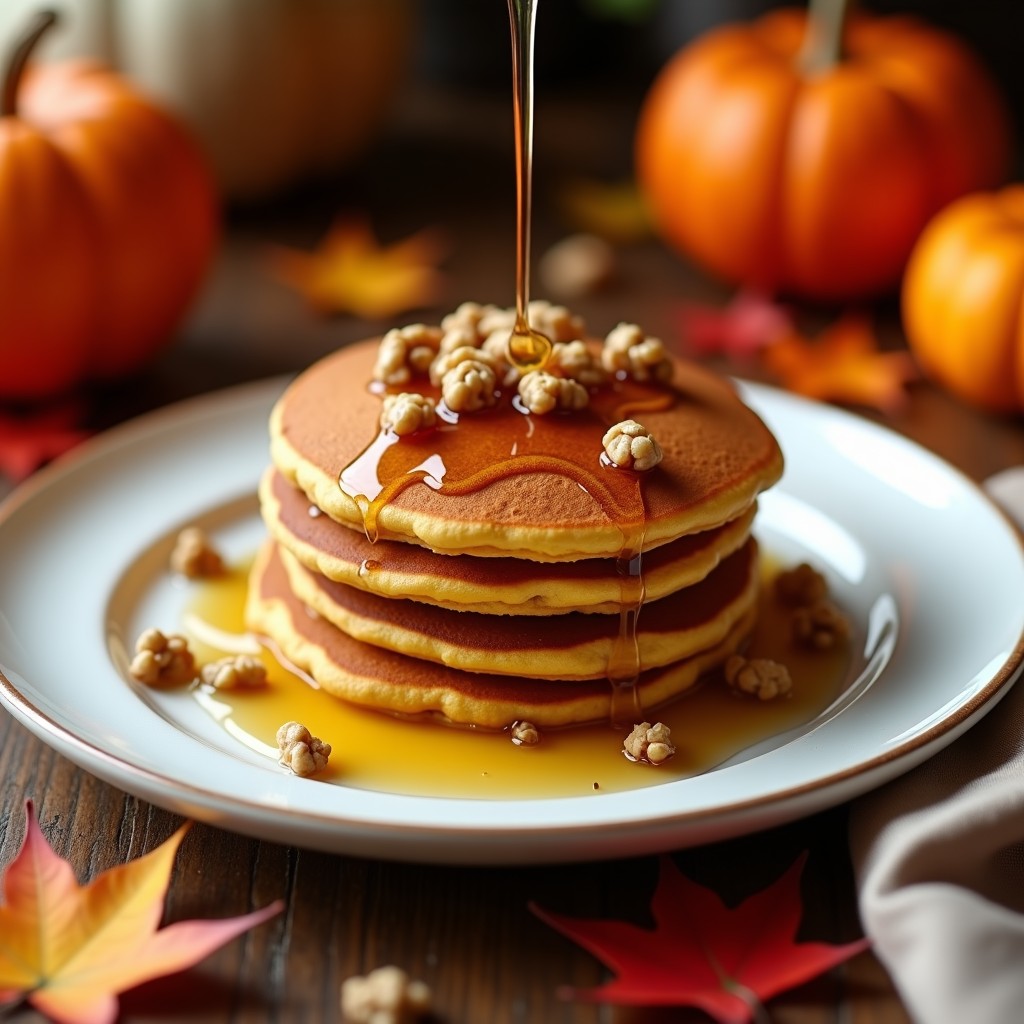Pila de tortitas doradas de calabaza y especias con nueces picadas, servidas en plato blanco con miel derramándose por encima, fondo de hojas de otoño.