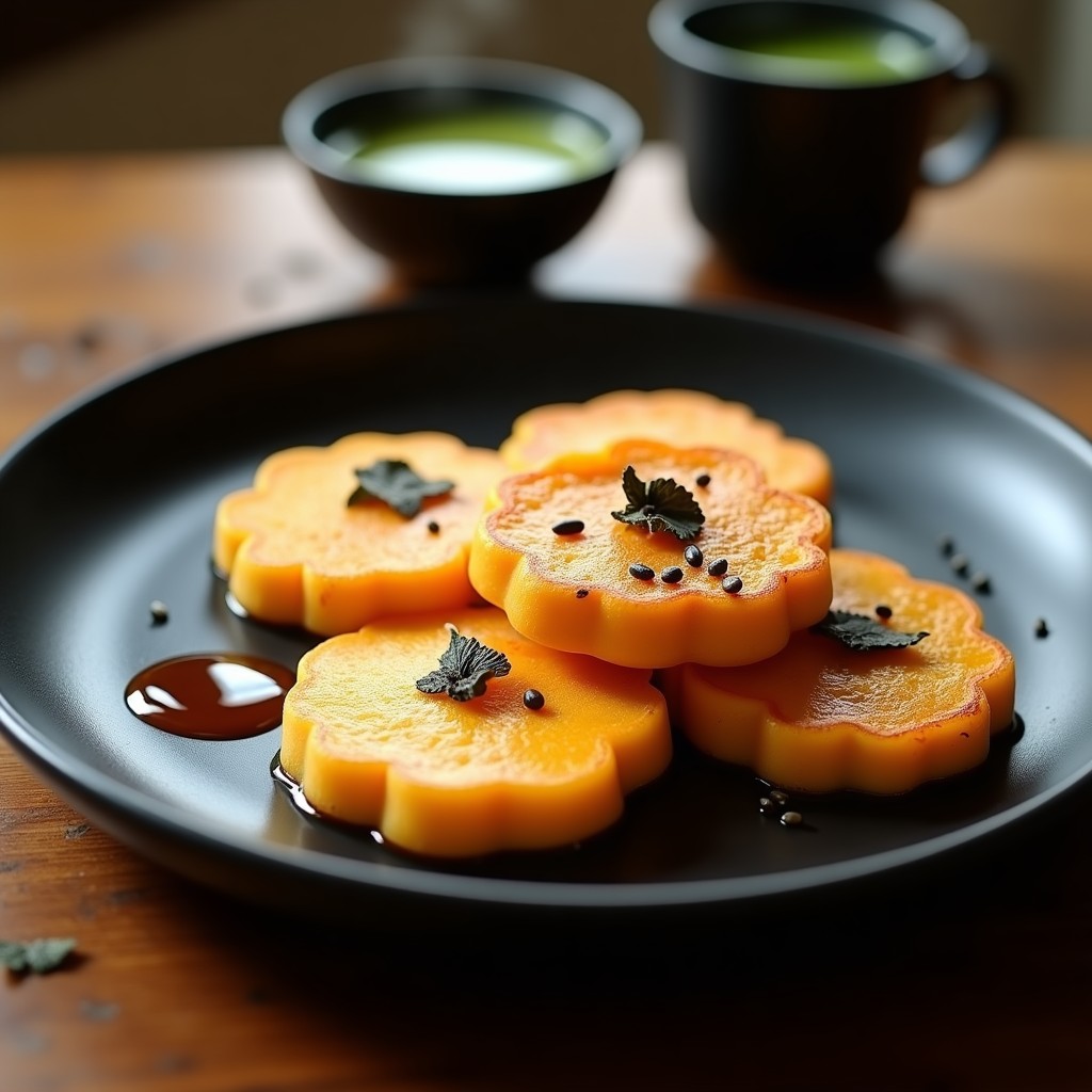 Tortitas doradas de calabaza kabocha y queso de cáscara de anacardo servidas en plato de cerámica negra, espolvoreadas con semillas de sésamo negro y alga nori, acompañadas de té verde matcha. Receta de desayuno japonés sin lactosa.
