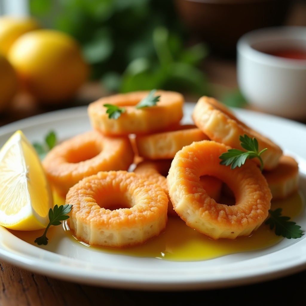 Tortitas de calamar doradas y crujientes rellenas de gambas, servidas en plato blanco con rodaja de limón y perejil fresco, receta en Thermomix.