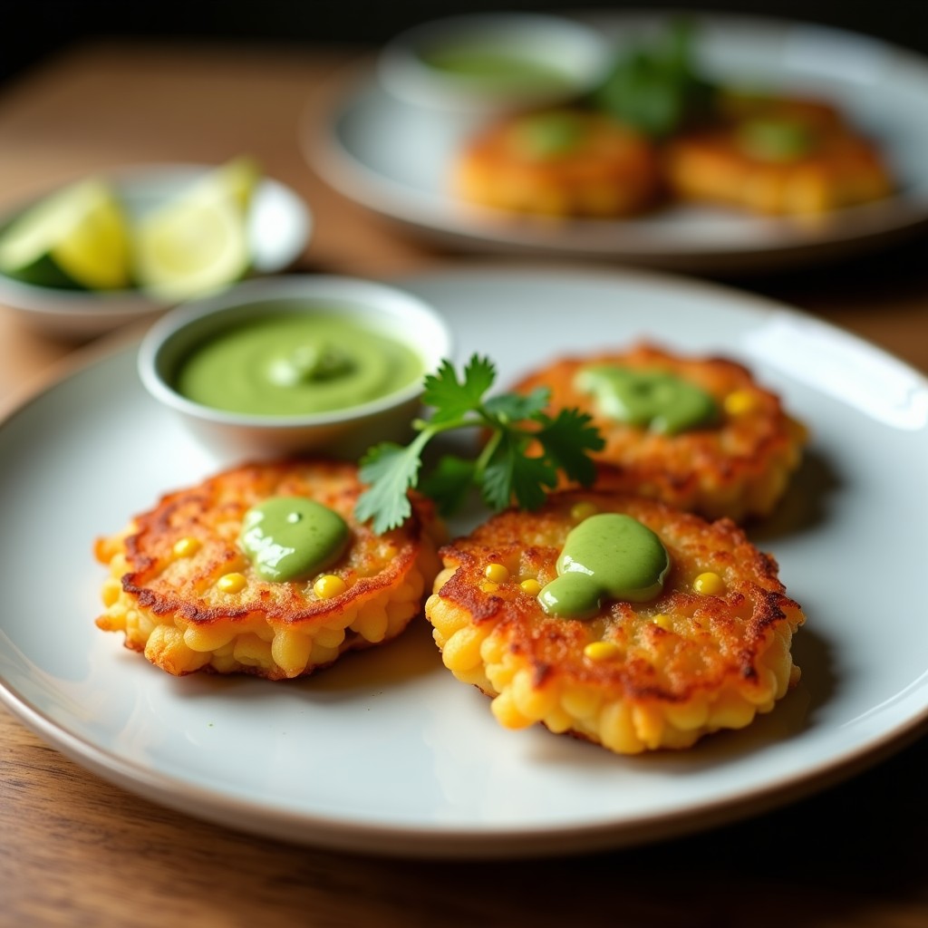 Tortitas doradas y crujientes de camarón y maíz apiladas en un plato blanco, acompañadas de una salsa verde cremosa de aguacate, decoradas con cilantro fresco y rodajas de limón. Receta peruana en airfryer.