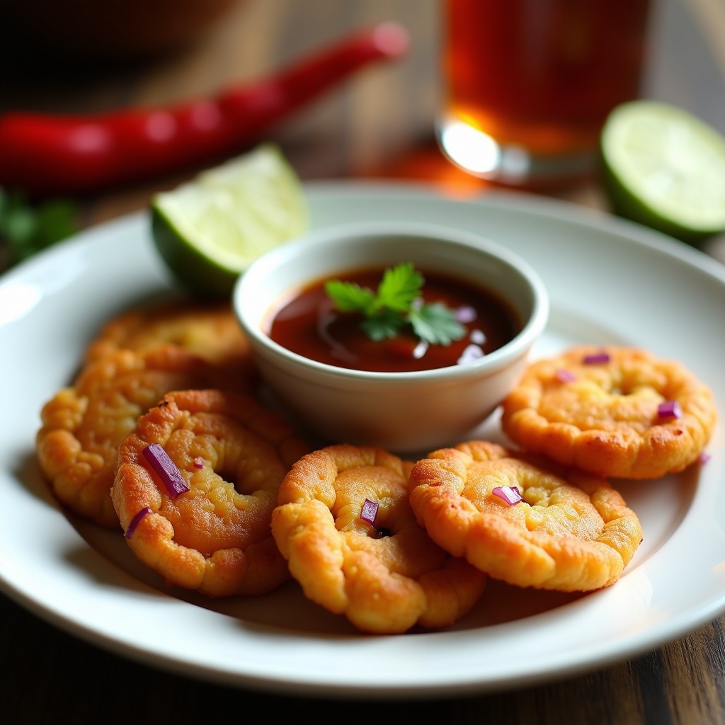 Tortitas doradas y crujientes de camarón y ñame morado sobre un plato de madera rústica, acompañadas de un bol pequeño con salsa de tamarindo brillante y gajos de lima. Receta afrocaribeña en airfryer con cilantro fresco como decoración.