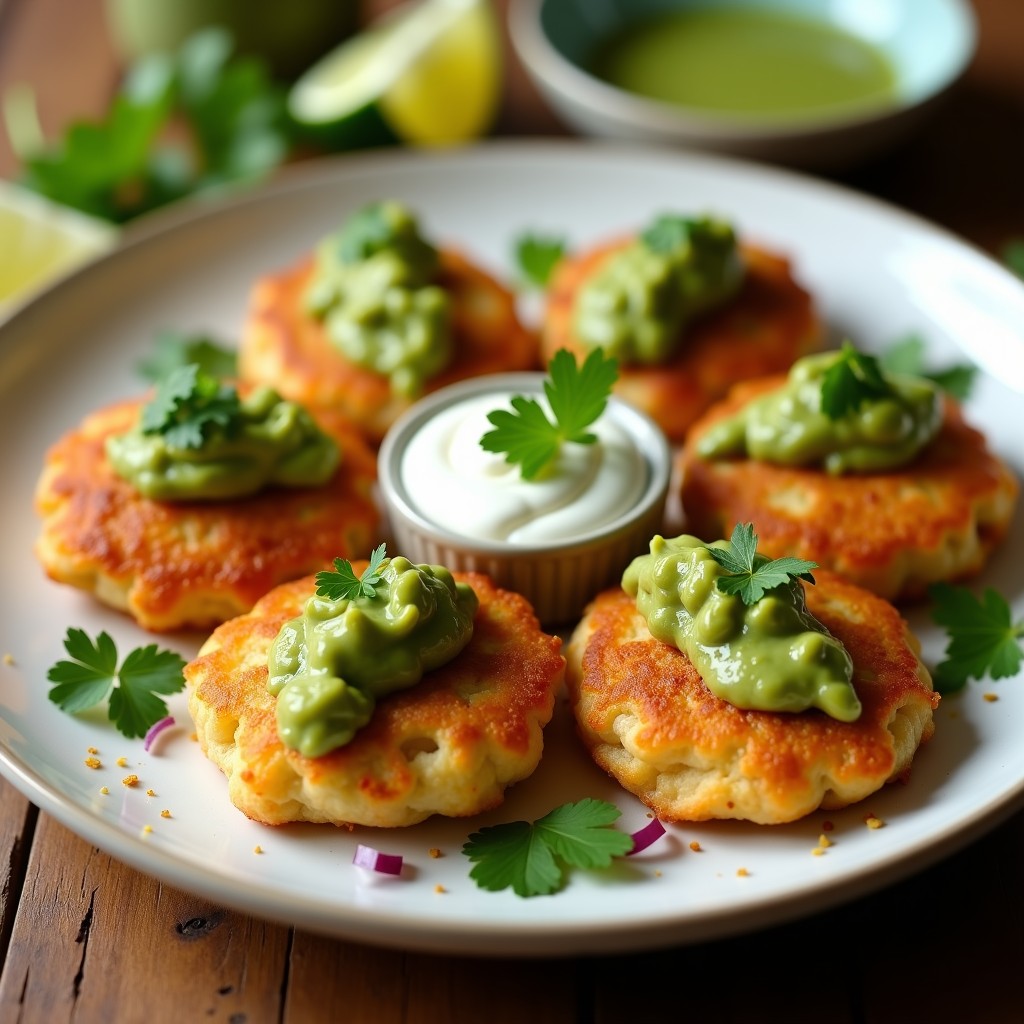 Plato blanco con tortitas doradas y crujientes de camarones, cubiertas con cubos de aguacate cremoso y bañadas en salsa verde fresca. Decorado con cebolla morada picada y hojas de cilantro. Receta mexicana de tortitas de camarones y aguacate con salsa verde, lista en 15 minutos.