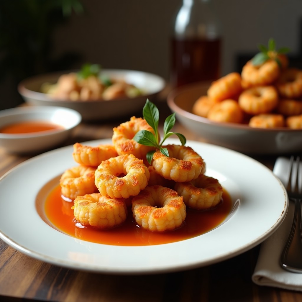 Tortitas doradas y crujientes de camarones y harina de arroz en airfryer, servidas en plato blanco con salsa de tamarindo oscura y semillas de sésamo espolvoreadas. Decoradas con hierbas vietnamitas frescas y rodajas de chile rojo.