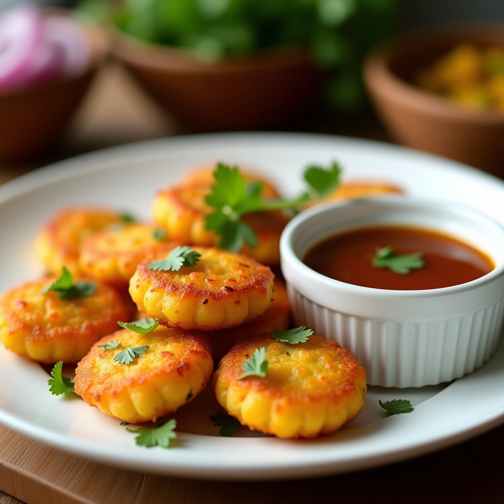 Tortitas doradas y crujientes de camarones y cúrcuma servidas en un plato blanco con salsa de tamarindo oscura y brillante, decoradas con hojas de cilantro fresco. Receta india en airfryer con contraste de colores vibrantes.