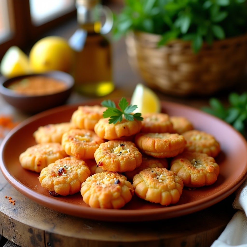Tortitas doradas y crujientes de camarones y harina de garbanzo sobre un plato de barro rústico, con semillas de sésamo espolvoreadas y rodajas de limón al lado. Receta andaluza tradicional sacrificada de la costa.