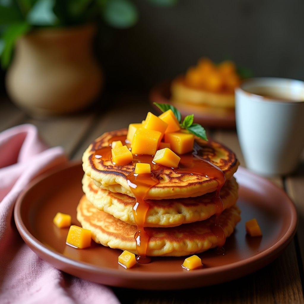 Pila de tortitas doradas de camote y cadafuezos, apiladas con trozos de cadafuezos frescos y sirope de agave, servidas en plato de barro con fondo rústico.