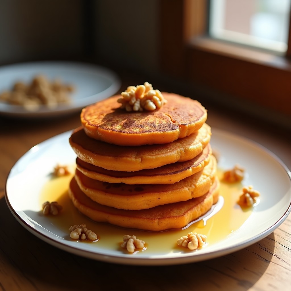 Tortitas doradas de camote y canela apiladas en un plato blanco, con un hilo de miel y nueces picadas, cocinadas en airfryer.