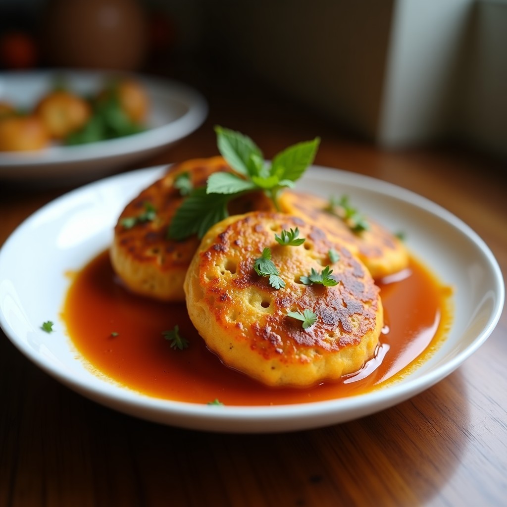 Tortitas doradas de camote y coco apiladas en un plato blanco, con salsa de tamarindo brillante vertida encima y semillas de chía esparcidas. Desayuno vegano y sin azúcar con textura crujiente y cremosa.