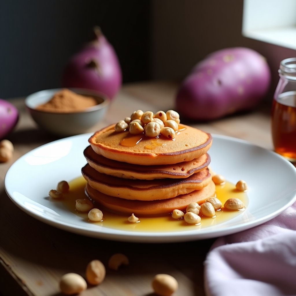 Tortitas esponjosas de color púrpura intenso hechas con camote morado y avellanas, servidas en un plato blanco con un hilo de miel dorada y avellanas picadas por encima. Desayuno sin gluten y alta en energía.