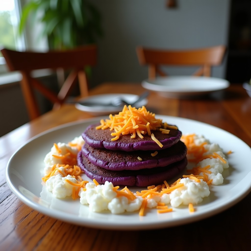 Tortitas doradas de camote morado y coco rallado apiladas en un plato blanco, con textura esponjosa y detalles crujientes, acompañadas de rodajas de plátano y un chorrito de miel. Receta sin gluten preparada en Airfryer.