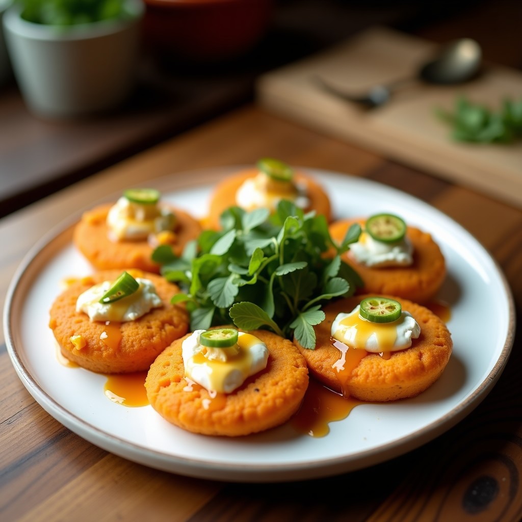 Tortitas doradas de camote y queso feta en un plato de madera, con trozos visibles de queso feta, nueces picadas y un hilo de miel. Desayuno en airfryer con toque salado-dulce.