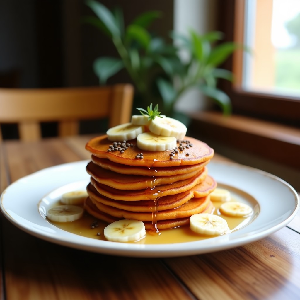 Tortitas doradas de camote y semillas de cáñamo apiladas en un plato blanco, con un chorrito de sirope de arce y rodajas de plátano al lado. Desayuno vegano sin gluten con omega-3.