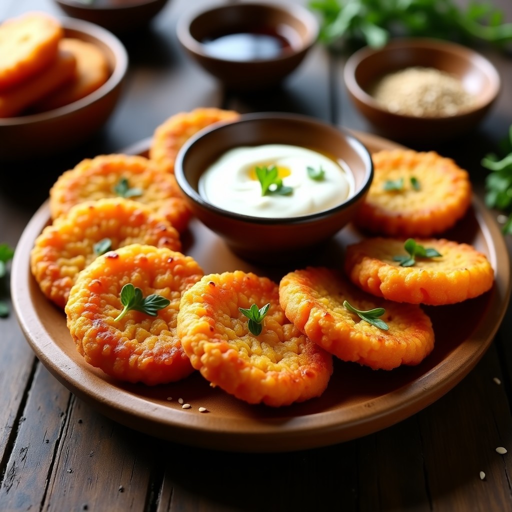 Tortitas doradas de camote y ajonjolí con toques asiáticos, servidas en un plato de madera rústico con dip de yogur y hierbas frescas.