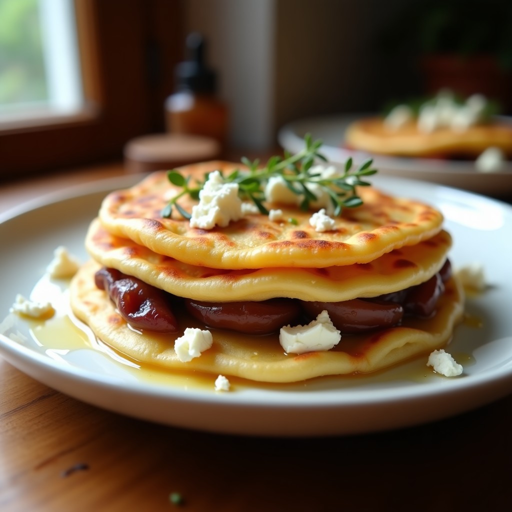 Tortitas doradas y crujientes rellenas de cebolla caramelizada y queso de cabra desmenuzado, servidas en un plato blanco con un toque de miel.