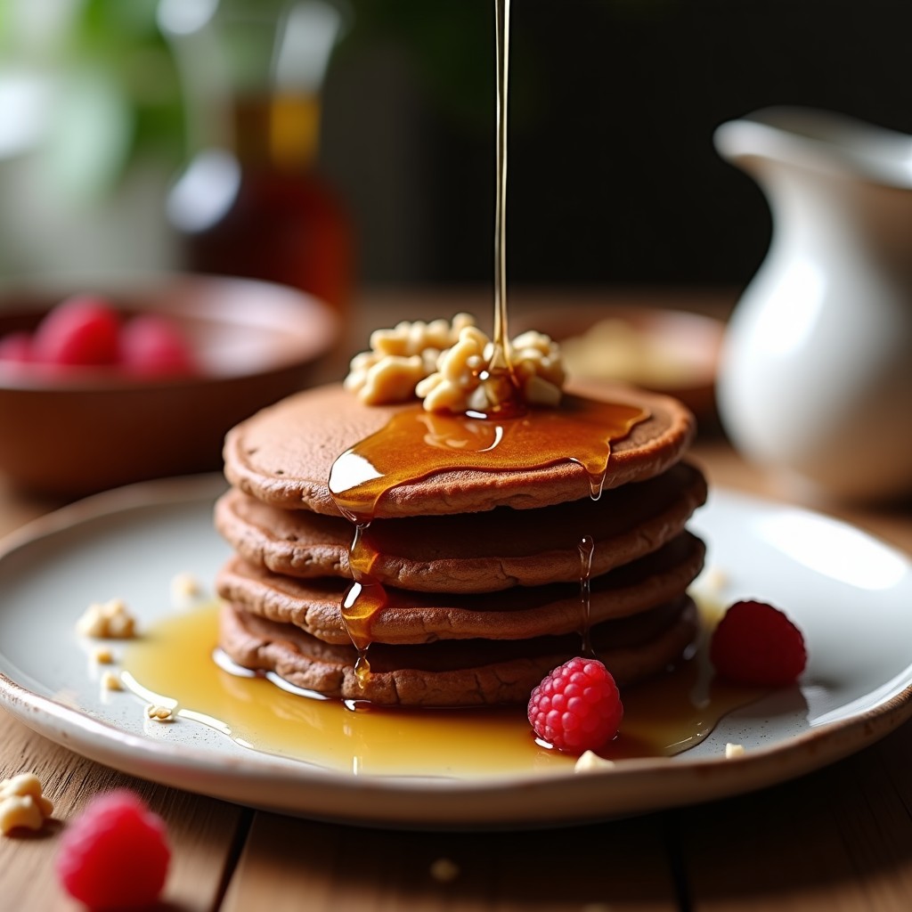 Pila de tortitas de chocolate y avena sin harina apiladas, con sirope de arce y nueces picadas, servidas en plato blanco rústico.