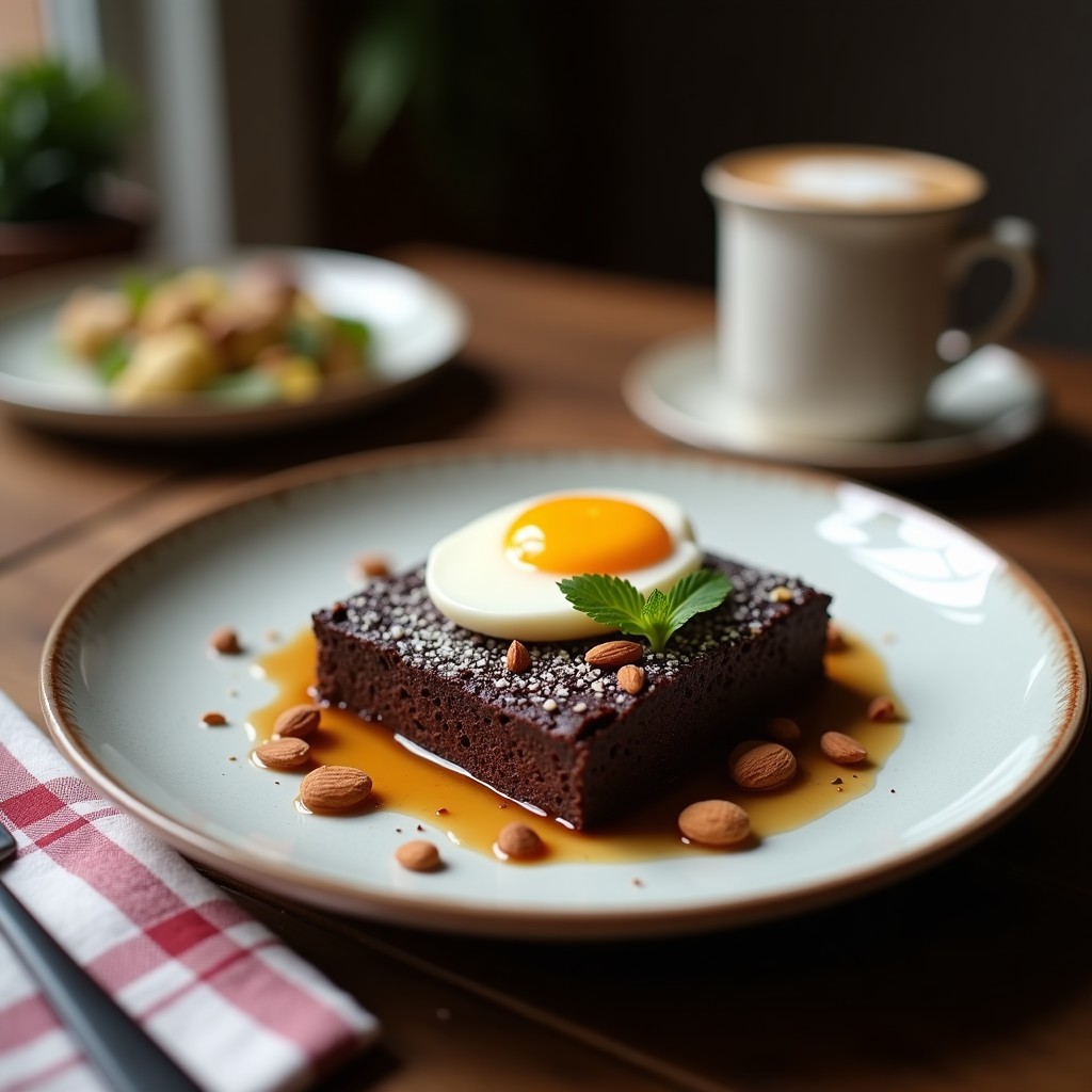 Tortitas keto de chocolate negro y almendras apiladas, con textura esponjosa y almendras fileteadas doradas por encima, servidas en plato blanco rústico.