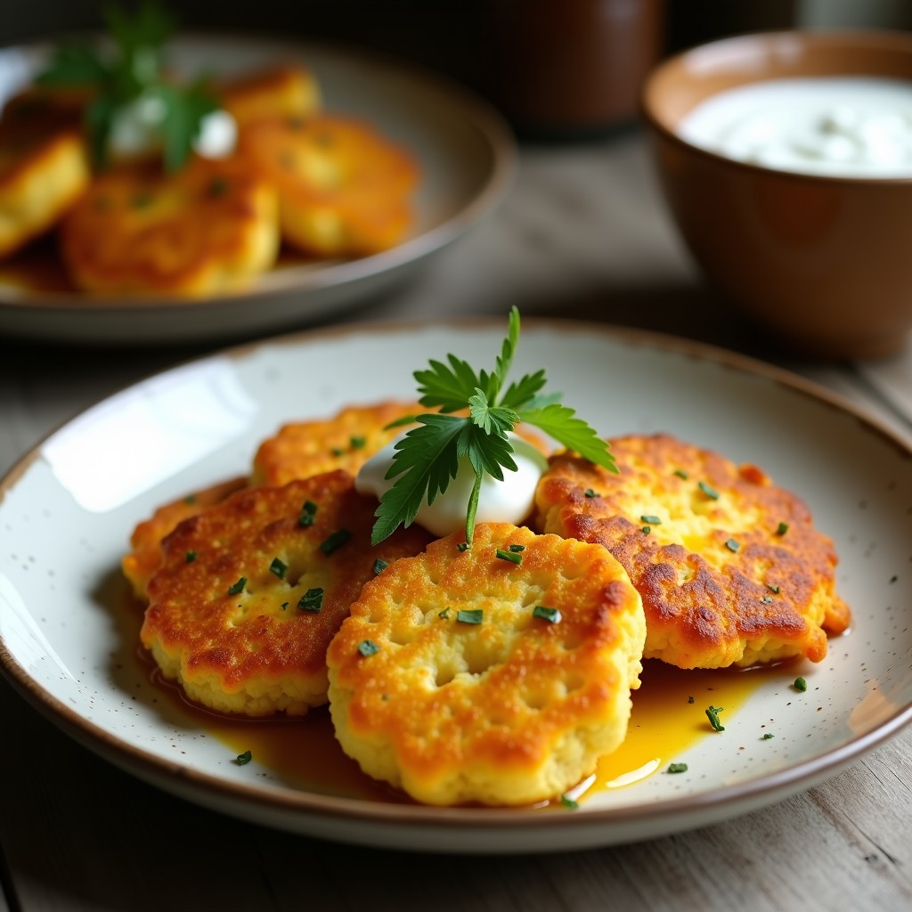 Plato blanco con tortitas doradas de coliflor y cúrcuma apiladas, acompañadas de salsa de yogur cremosa en un bol pequeño, decoradas con semillas de sésamo y perejil fresco. Desayuno sin harina y antiinflamatorio.