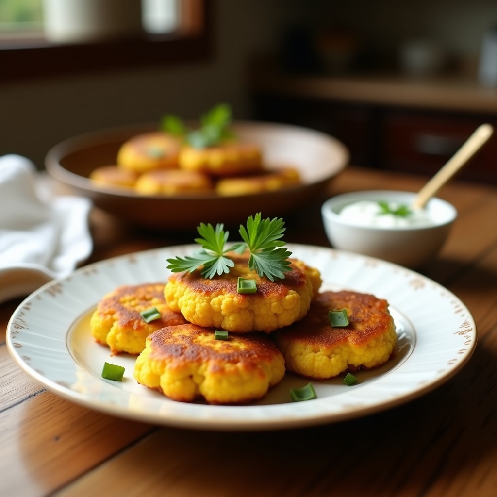 Plato blanco con tortitas doradas de coliflor y cúrcuma apiladas, crujientes por fuera, acompañadas de un bol de salsa cremosa de yogur de coco verde claro con hojas de menta. Fondo rústico con especias indias dispersas.