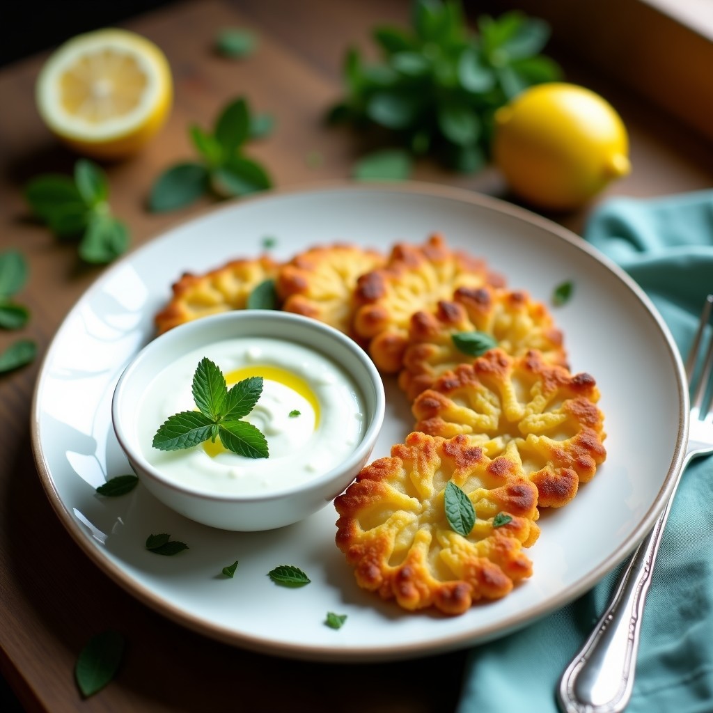 Plato blanco con tortitas doradas de coliflor y elote, crujientes por fuera, acompañadas de salsa cremosa de yogur y menta en un bol pequeño. Decoración con hojas de menta fresca y granos de elote sueltos.