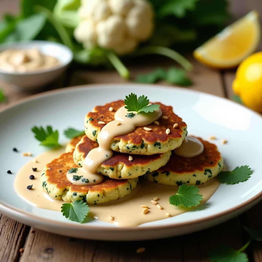 Plato blanco con tortitas doradas de coliflor y espinacas, apiladas y bañadas en una salsa cremosa de tahini color beige. Decoradas con hojas de cilantro fresco y semillas de sésamo. Fondo rústico con ingredientes dispersos: coliflor, espinacas y un bol de tahini.
