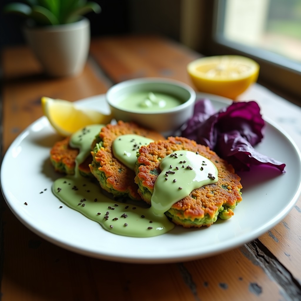 Tortitas doradas y crujientes de coliflor con espirulina servidas en un plato blanco, acompañadas de salsa de yogur de soja cremosa y semillas de sésamo, receta keto y alta en proteínas en airfryer.