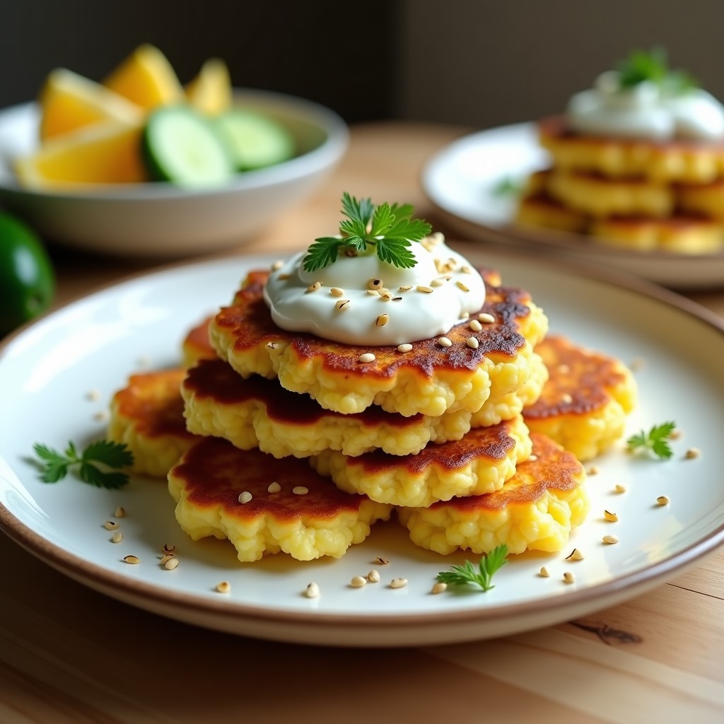 Tortitas doradas de coliflor y huevo apiladas en un plato blanco, con salsa tzatziki cremosa y semillas de sésamo por encima. Desayuno keto sin harina, servido con eneldo fresco y un chorrito de aceite de oliva.