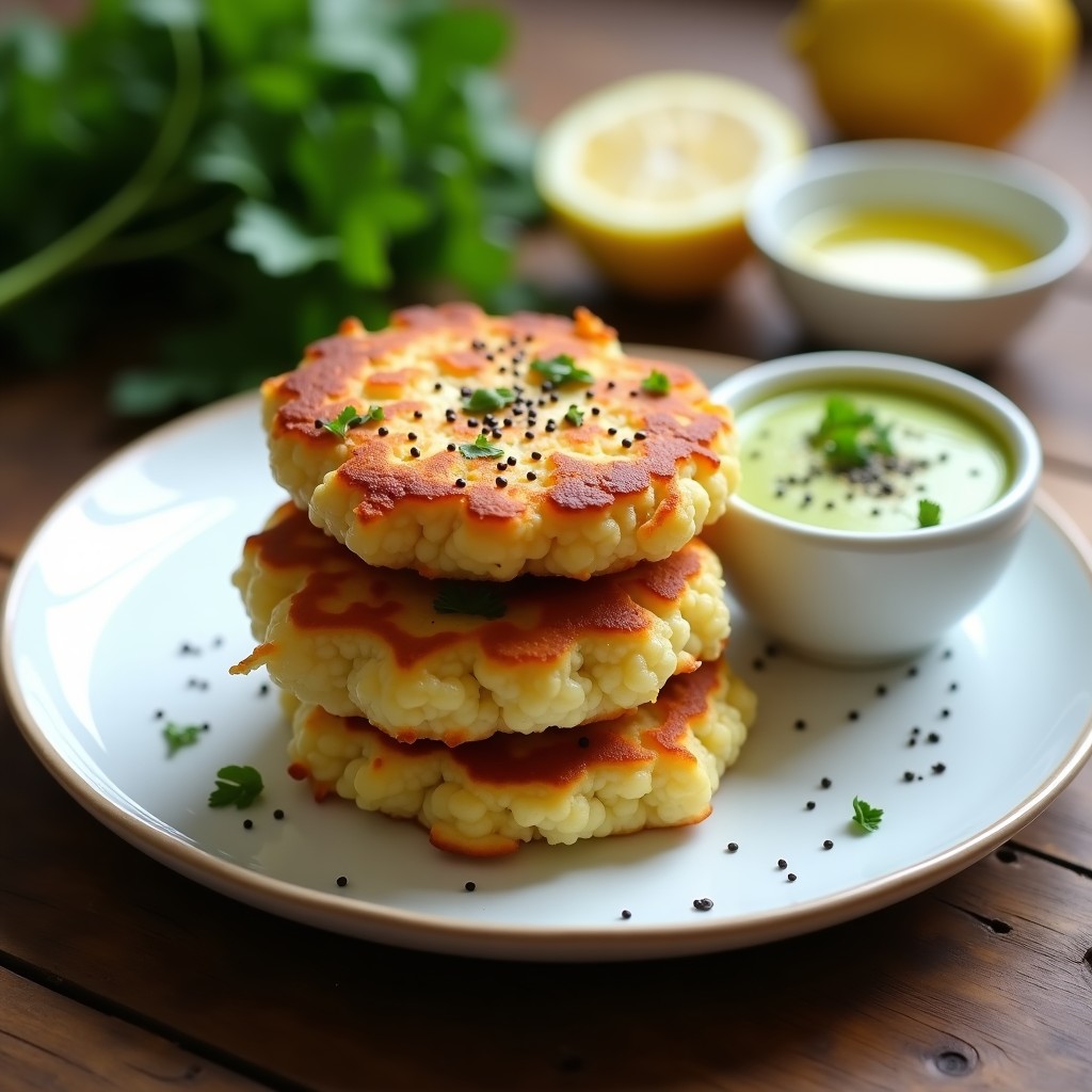 Tortitas doradas y crujientes de coliflor y parmesano vegano apiladas en un plato blanco, con un dip cremoso al lado y hierbas frescas como decoración. Receta keto en airfryer.