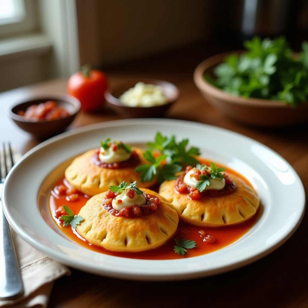 Tortitas doradas y crujientes de coliflor y queso pecorino en airfryer, servidas en plato blanco con salsa de mostaza cremosa y decoración de perejil fresco, receta italiana keto.