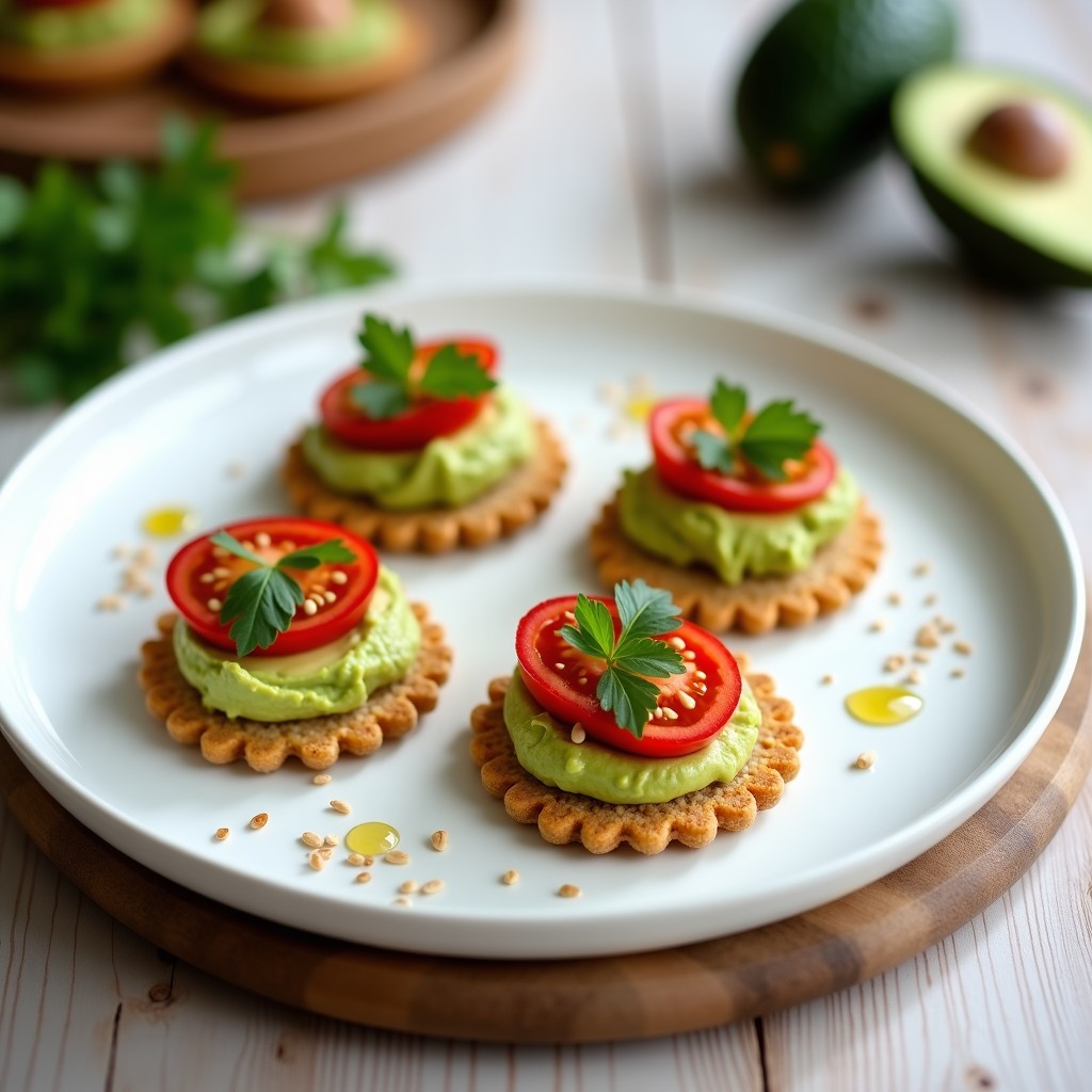 Tortitas de arroz crujientes con hummus cremoso, aguacate triturado, rodajas de tomate cherry y semillas de sésamo tostadas, servidas en plato blanco rústico.