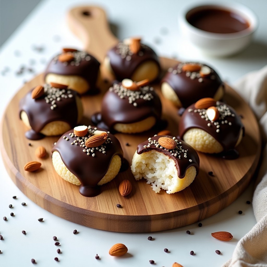Tortitas redondas y doradas de arroz inflado bañadas en chocolate negro brillante, decoradas con semillas de chía y almendras fileteadas sobre papel de horno rústico.