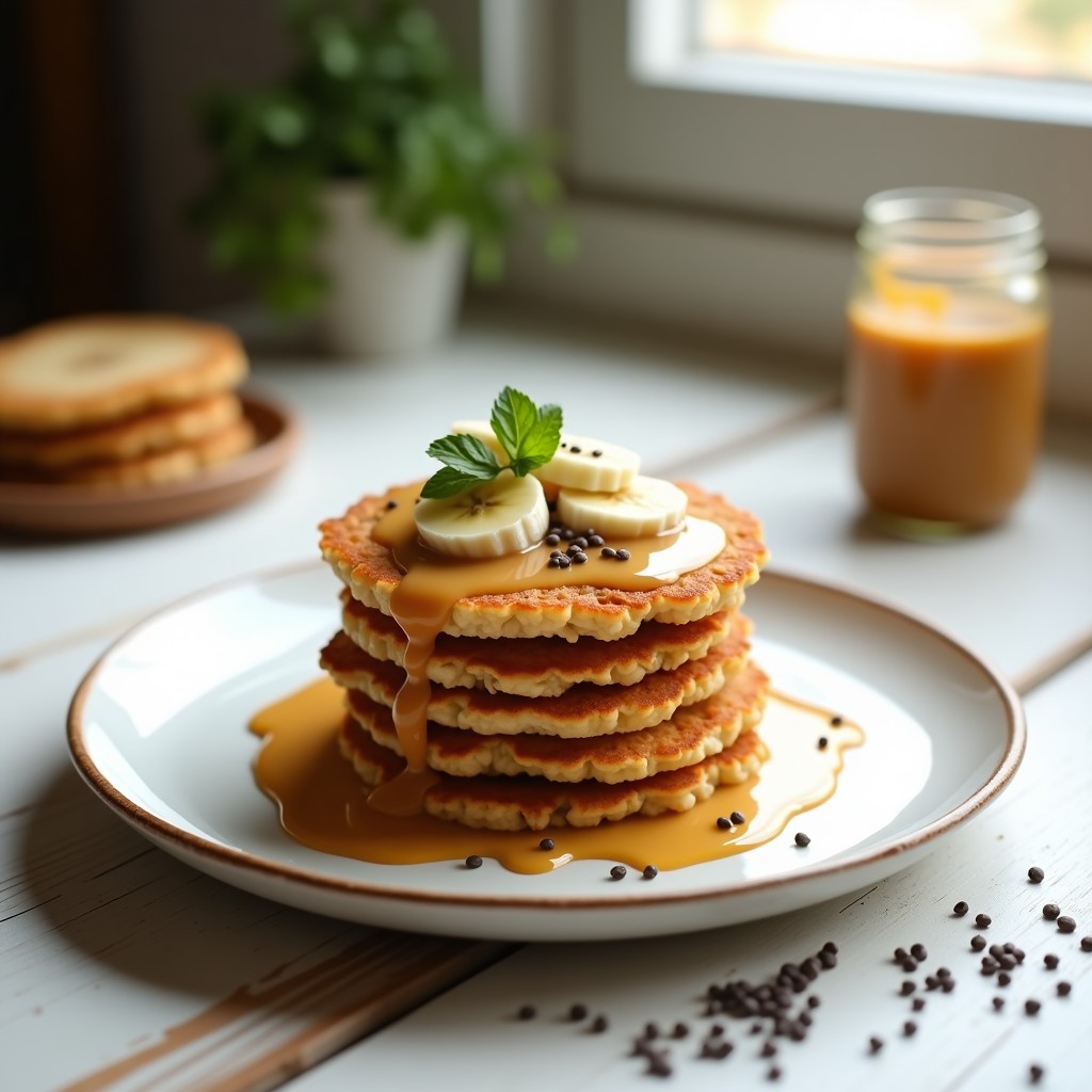 Tortitas doradas de arroz inflado apiladas con salsa de cacahuete y miel goteando, decoradas con semillas de chía y rodajas de plátano sobre un plato blanco rústico.