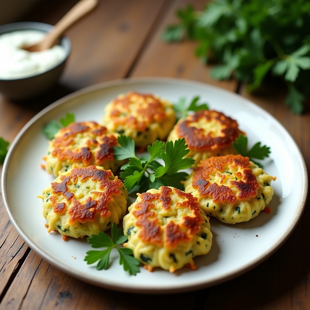 Plato blanco con tortitas de calabacín doradas y crujientes, sin harina, apiladas con un toque de perejil fresco y acompañadas de una salsa blanca cremosa.