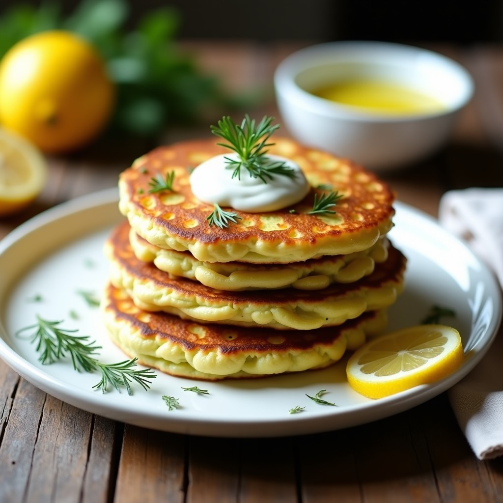 Tortitas doradas de calabacín y queso feta apiladas en un plato blanco, con hojas de eneldo fresco y rodajas de limón al lado. Receta sin harina para desayuno saludable.
