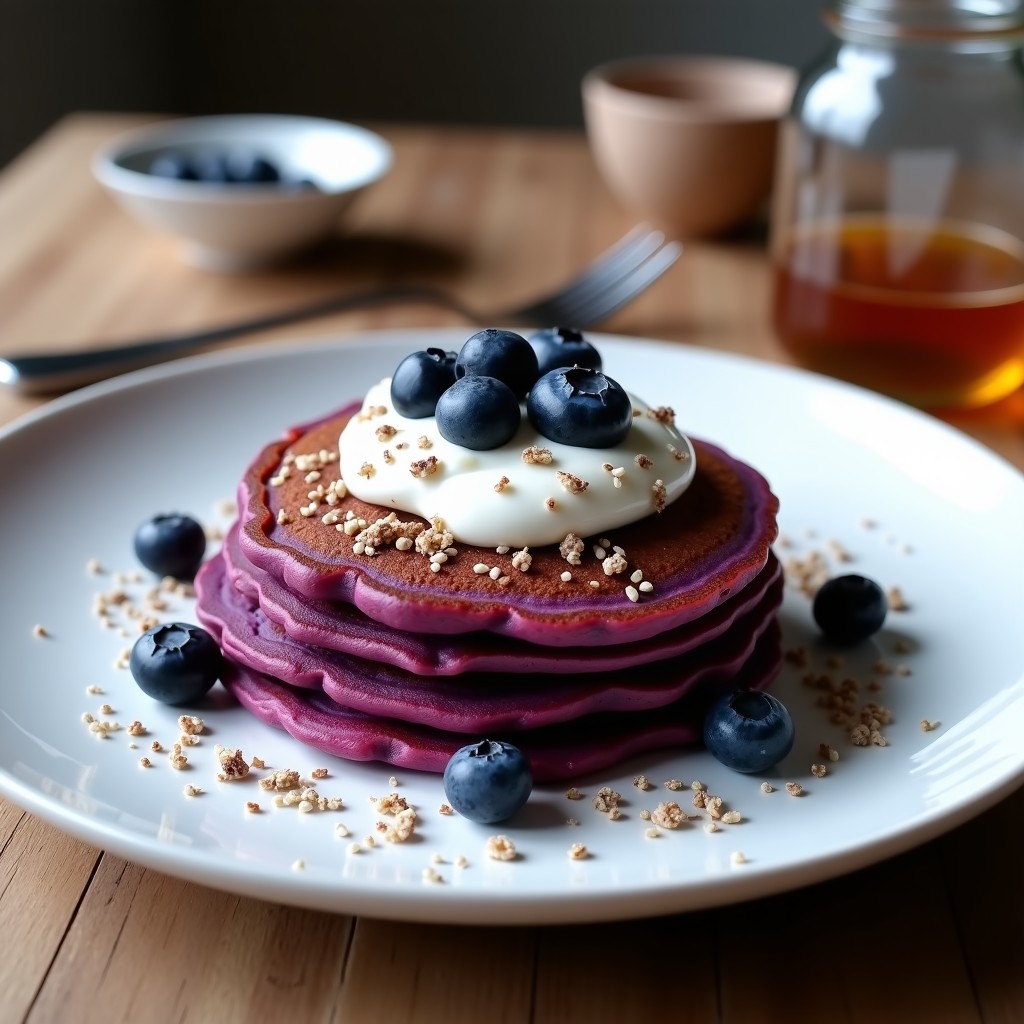 Plato con tortitas doradas de camote morado y quinoa, apiladas con toppings de yogur griego, arándanos y semillas de chía, receta sin harina y alta en proteína.