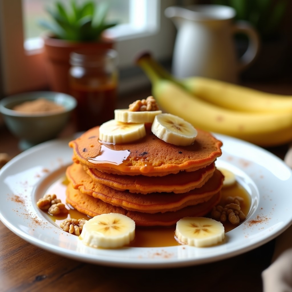 Pila de tortitas doradas de camote y avena sin huevo, servidas en un plato blanco con sirope de arce, nueces y rodajas de plátano. Desayuno saludable y alto en fibra.