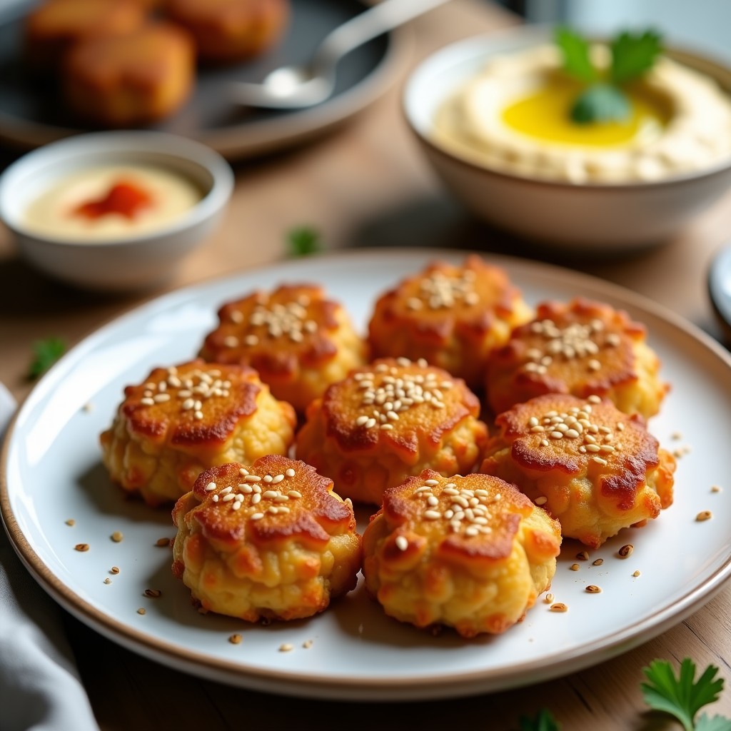 Plato blanco con tortitas de garbanzos doradas y crujientes, espolvoreadas con semillas de sésamo, servidas con hummus y hierbas frescas, receta de aperitivo saludable en airfryer.