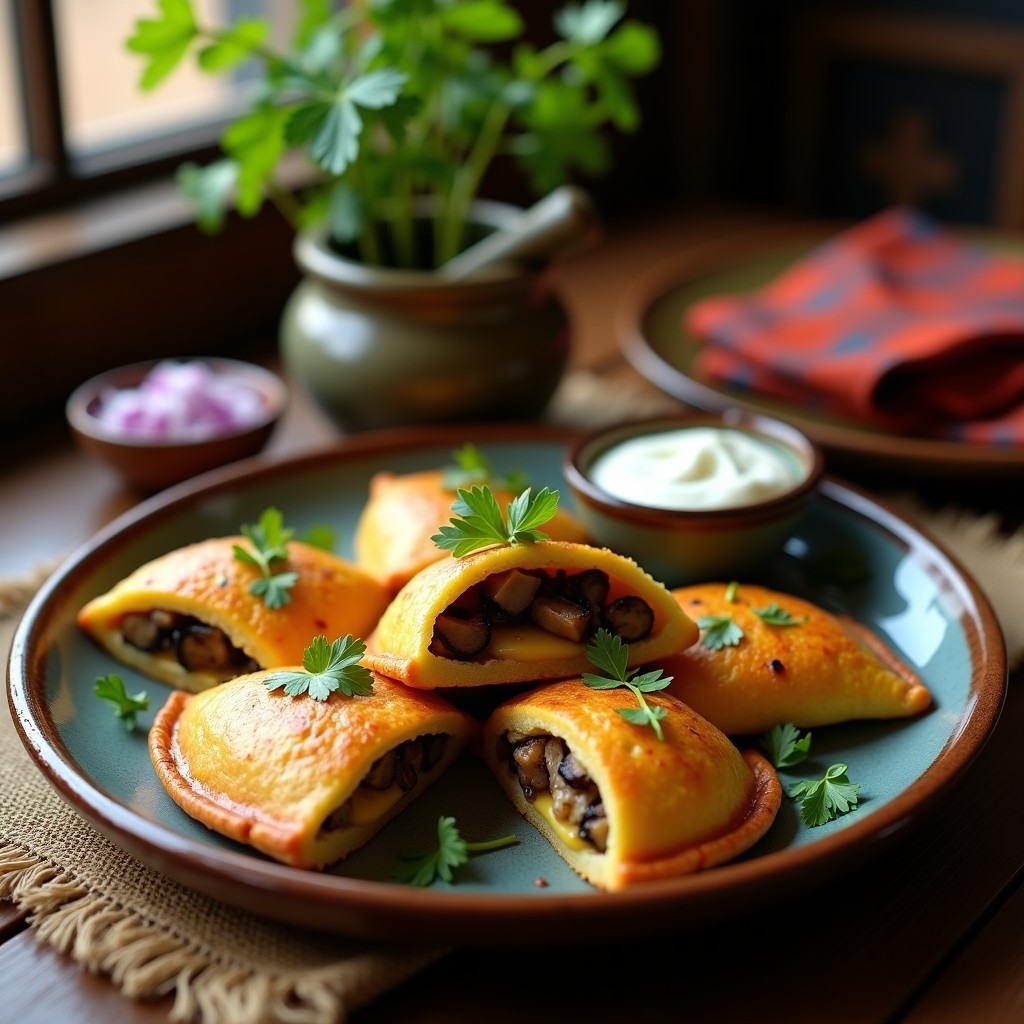 Plato con tortitas de maíz doradas y crujientes rellenas de queso Oaxaca fundido y champiñones salteados, acompañadas de crema ácida y salsa verde, típico de la cocina mexicana.