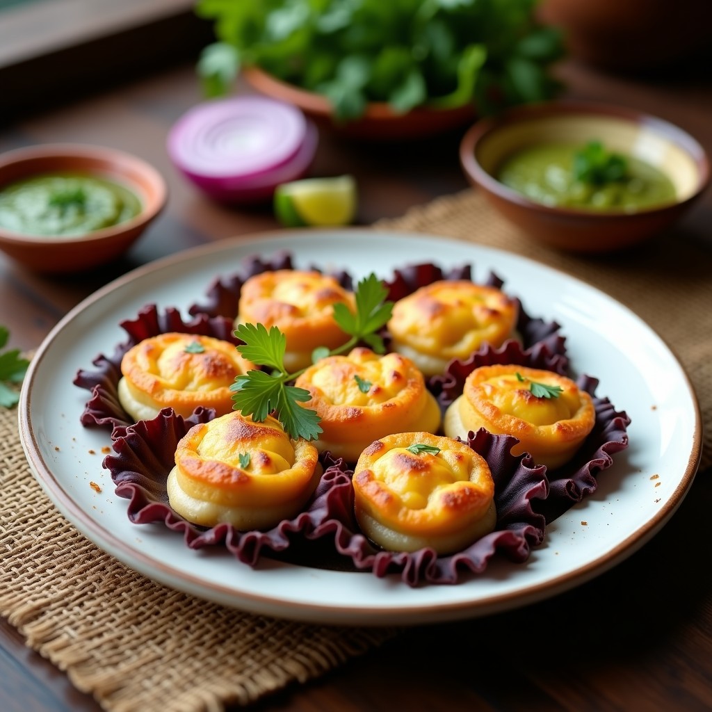 Plato de tortitas de maíz doradas y crujientes rellenas de queso Oaxaca derretido, servidas sobre hojas de lechuga morada con salsa verde, cebolla morada y cilantro fresco.