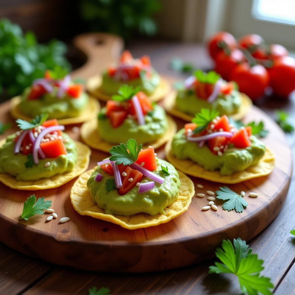 Tortitas de maíz doradas rellenas de cremoso aguacate, tomate cherry y cebolla morada, decoradas con semillas de sésamo sobre una tabla de madera rústica.