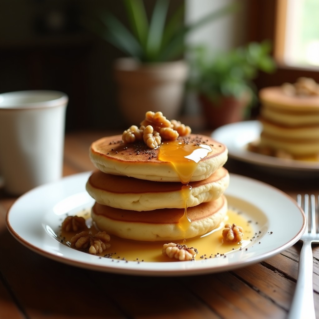 Pila de tortitas doradas de plátano aventado sin huevo, esponjosas, servidas en un plato de cerámica blanca con toppings de nueces picadas, semillas de chía y un hilo de miel, sobre un fondo rústico de madera.