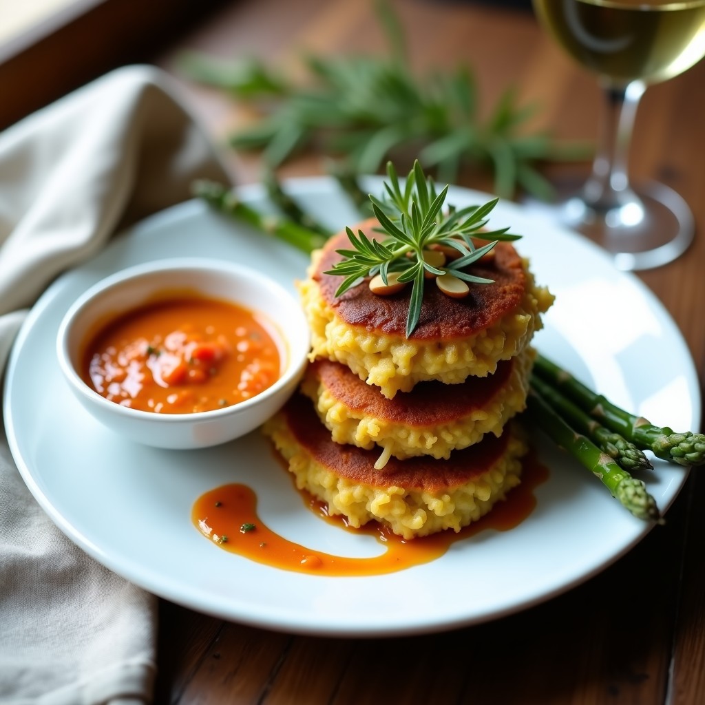 Plato blanco con tortitas doradas de espárragos trigueros apiladas, acompañadas de salsa romesco cremosa y espárragos trigueros salteados como decoración. Receta sin gluten y gourmet.