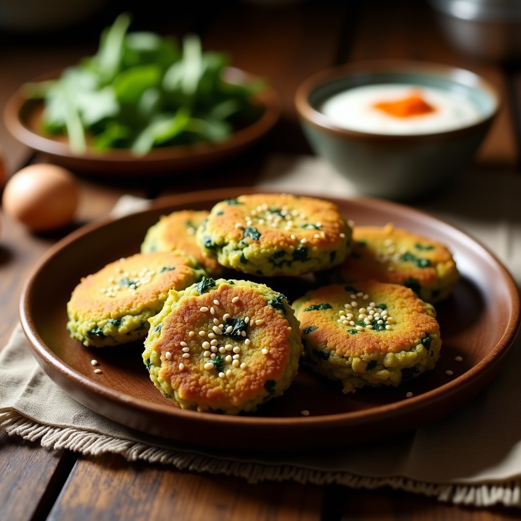 Tortitas doradas y crujientes de espinaca y garbanzo en airfryer, decoradas con semillas de sésamo, servidas sobre un plato de madera con salsa de yogur vegano.