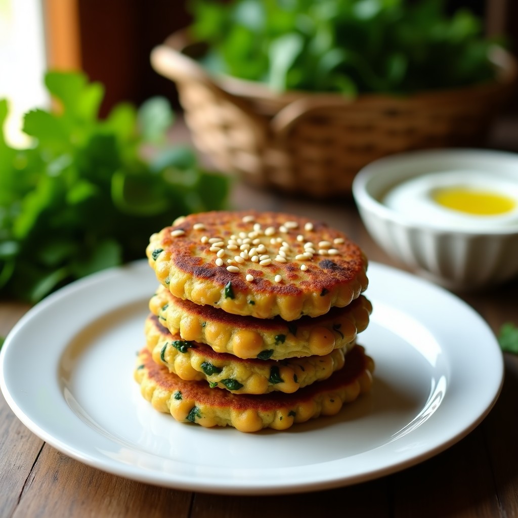 Tortitas doradas de espinaca y garbanzo apiladas en un plato blanco, con semillas de sésamo visibles y un fondo de hierbas frescas y salsa de yogur.