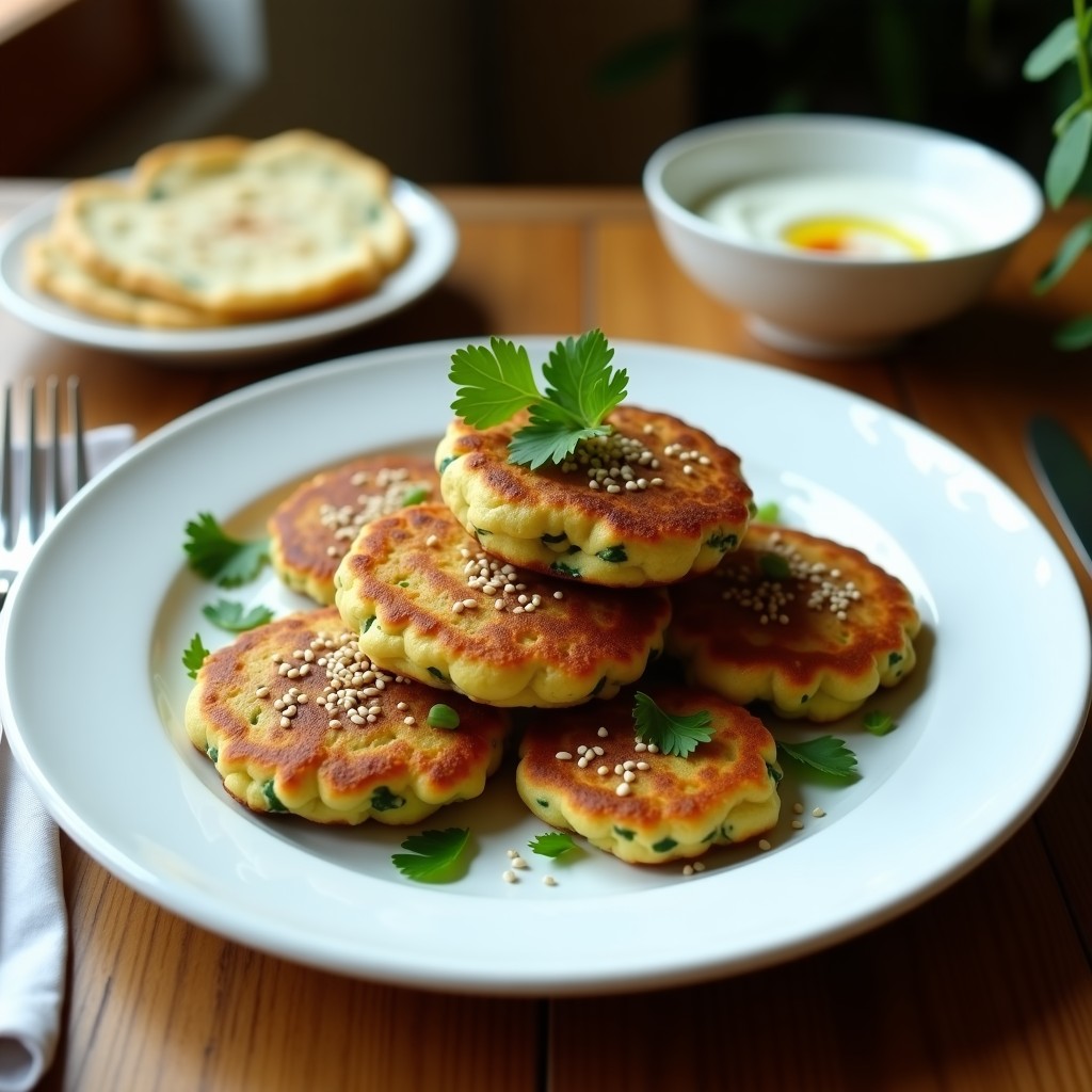 Tortitas doradas de espinaca y garbanzo sin huevo, apiladas en un plato blanco con semillas de sésamo y hierbas frescas, acompañadas de un dip de yogur vegano.