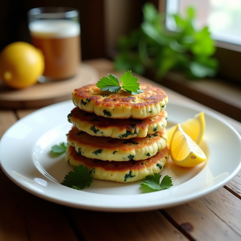 Tortitas doradas de espinaca y queso halloumi apiladas en un plato blanco, con rodajas de limón y hojas de perejil fresco. Desayuno chipriota alto en proteína, crujiente por fuera y esponjoso por dentro.