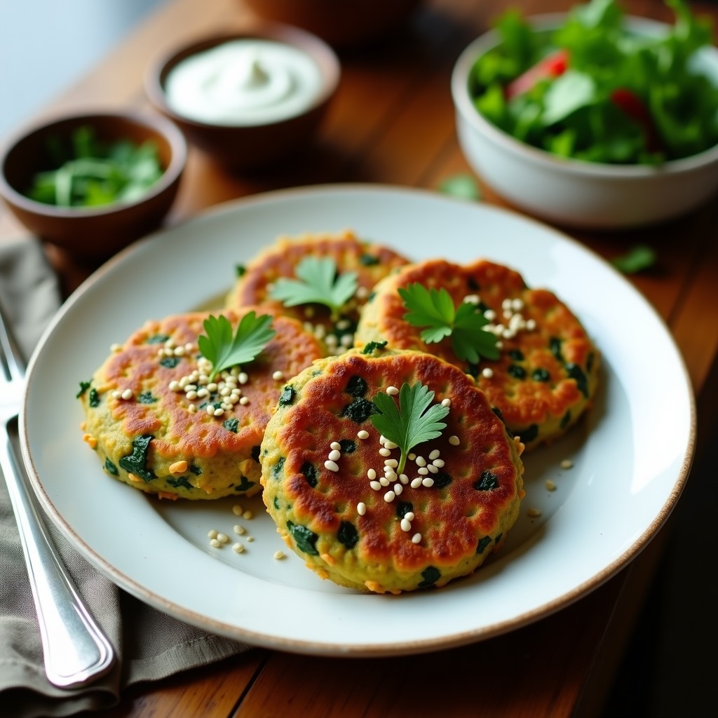 Tortitas doradas de espinaca y tofu ahumado en airfryer, con semillas de sésamo y un toque crujiente, servidas en un plato blanco con hierbas frescas.